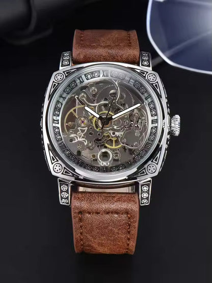 Coffee Silver — silver-tone automatic skeleton watch with brown leather strap