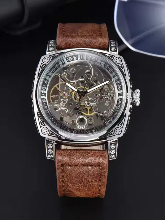 Coffee Silver — silver-tone automatic skeleton watch with brown leather strap