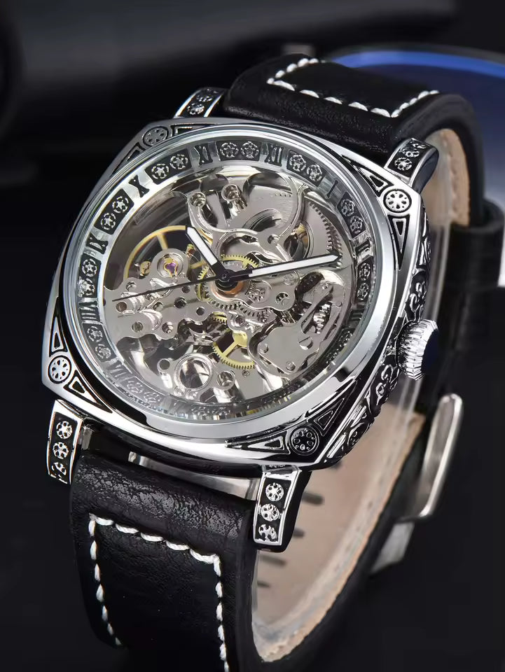 Side view showing the engraved case and decorated lugs