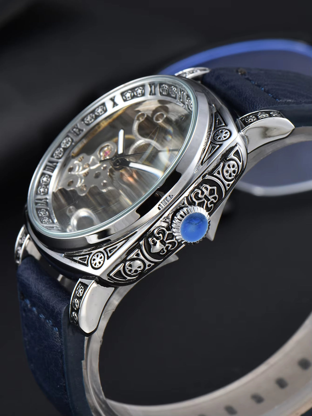 Close view of the blue stone set into the crown
