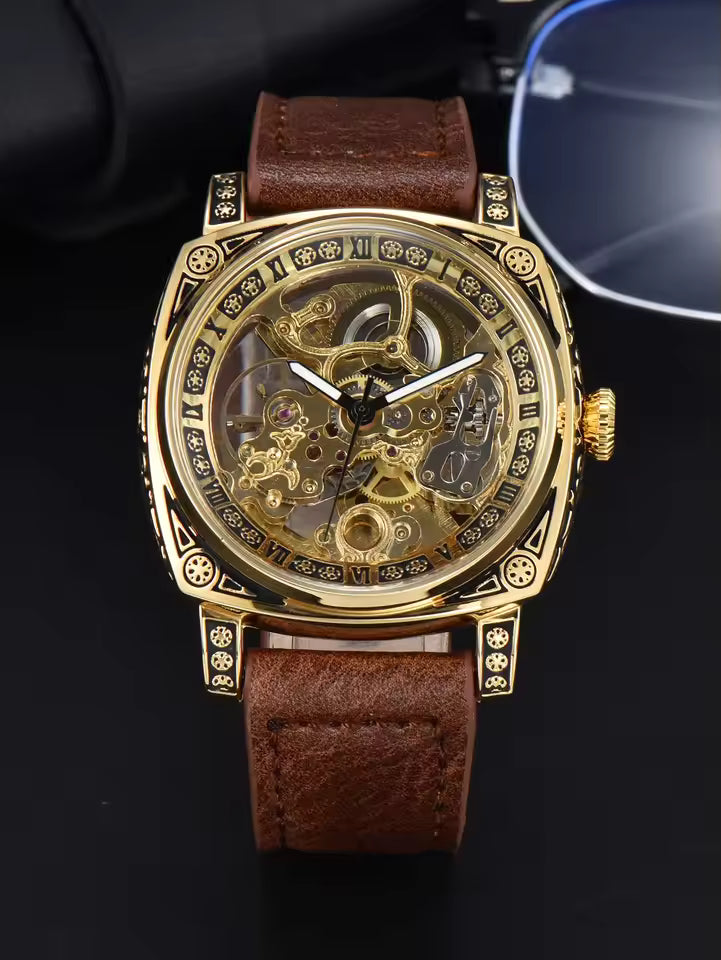 Golden Coffee Color — gold-tone automatic skeleton watch with brown leather strap